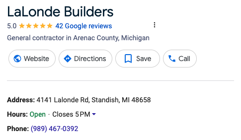 Google Business Profile for LaLonde Builders with 5-Star Rating